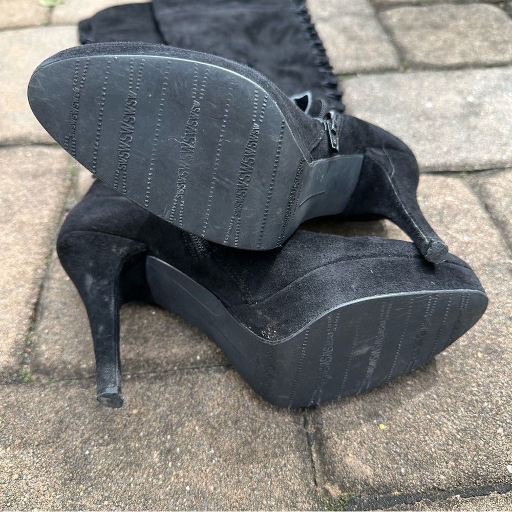 Stuart Weitzman Suede Over the Knee Button Back Platform Boots - Picture 6 of 8